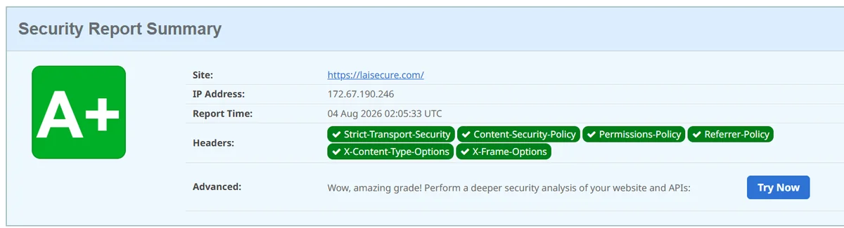 securityheaders.com 對 laisecure.com 的檢測結果，評等為 A+，六個安全標頭皆已設定