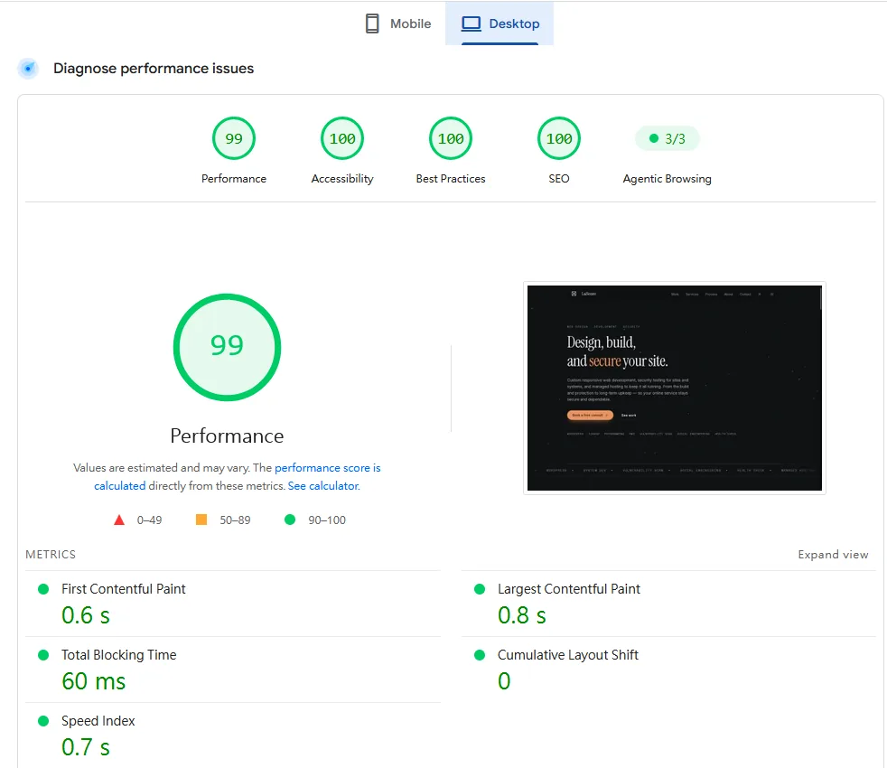 優化後的 PageSpeed Insights 桌機版報告，效能 99 分、SEO 100 分