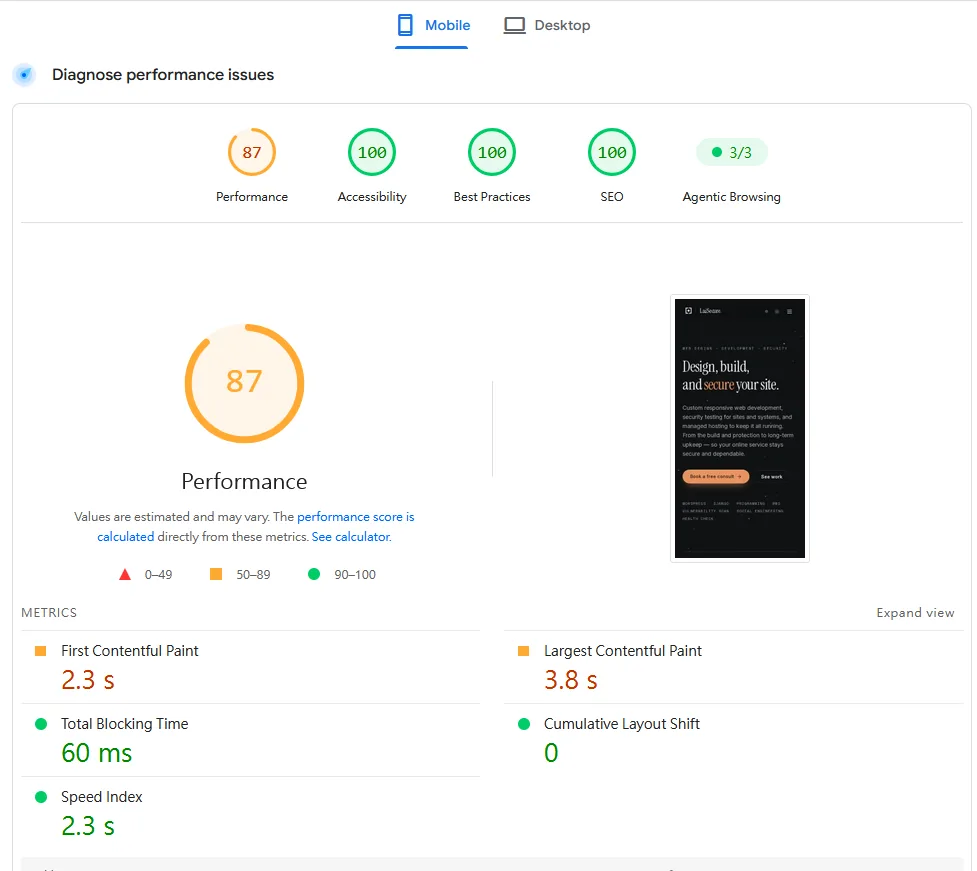 優化後的 PageSpeed Insights 行動版報告，效能 87 分、SEO 100 分