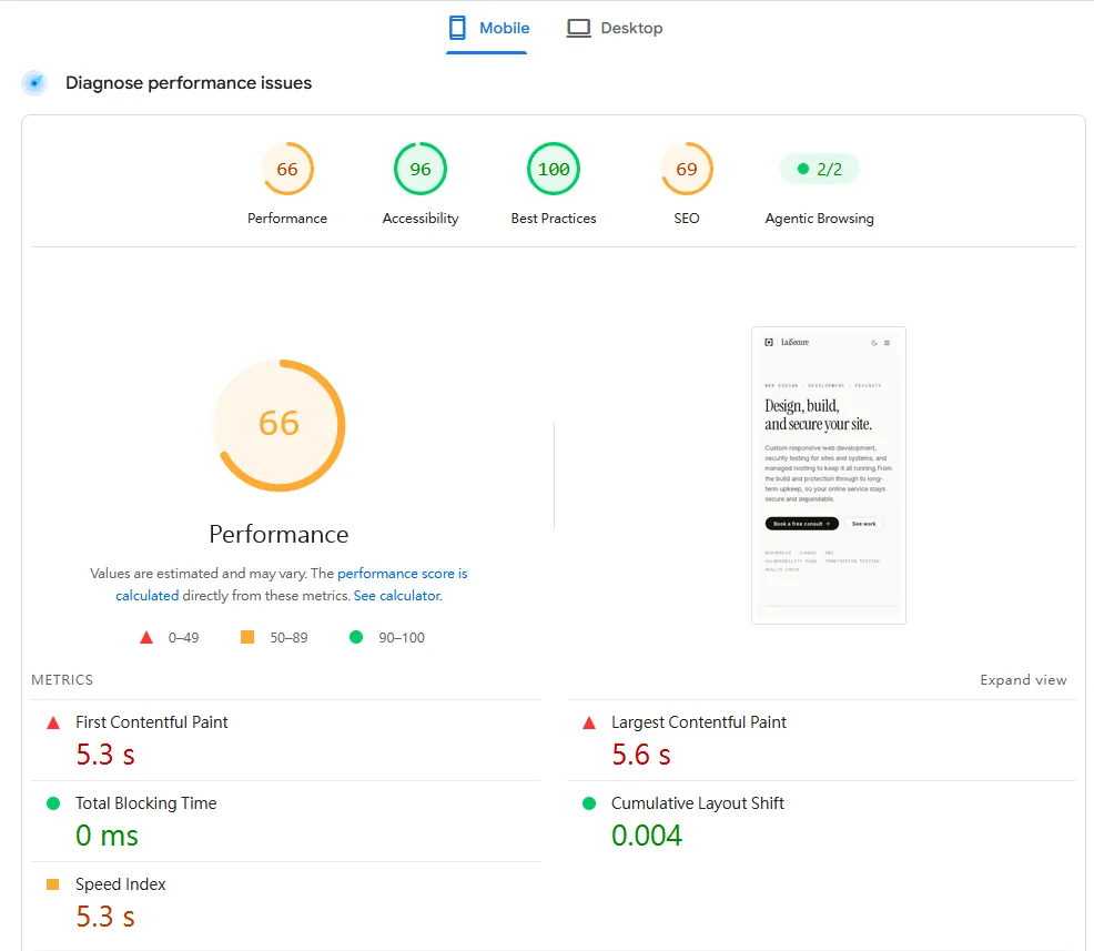 優化前的 PageSpeed Insights 行動版報告，效能 66 分、SEO 69 分